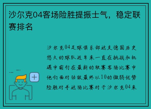 沙尔克04客场险胜提振士气，稳定联赛排名