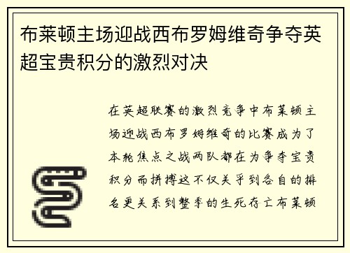 布莱顿主场迎战西布罗姆维奇争夺英超宝贵积分的激烈对决